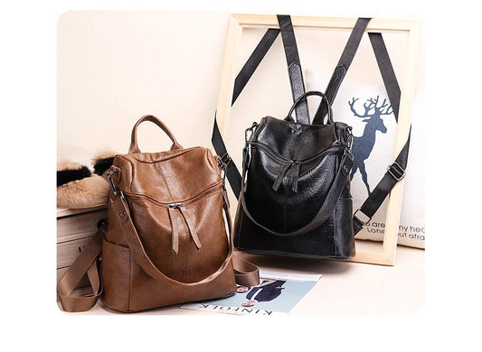 Women's PU Leather Backpack - Stylish Dual Shoulder Bag